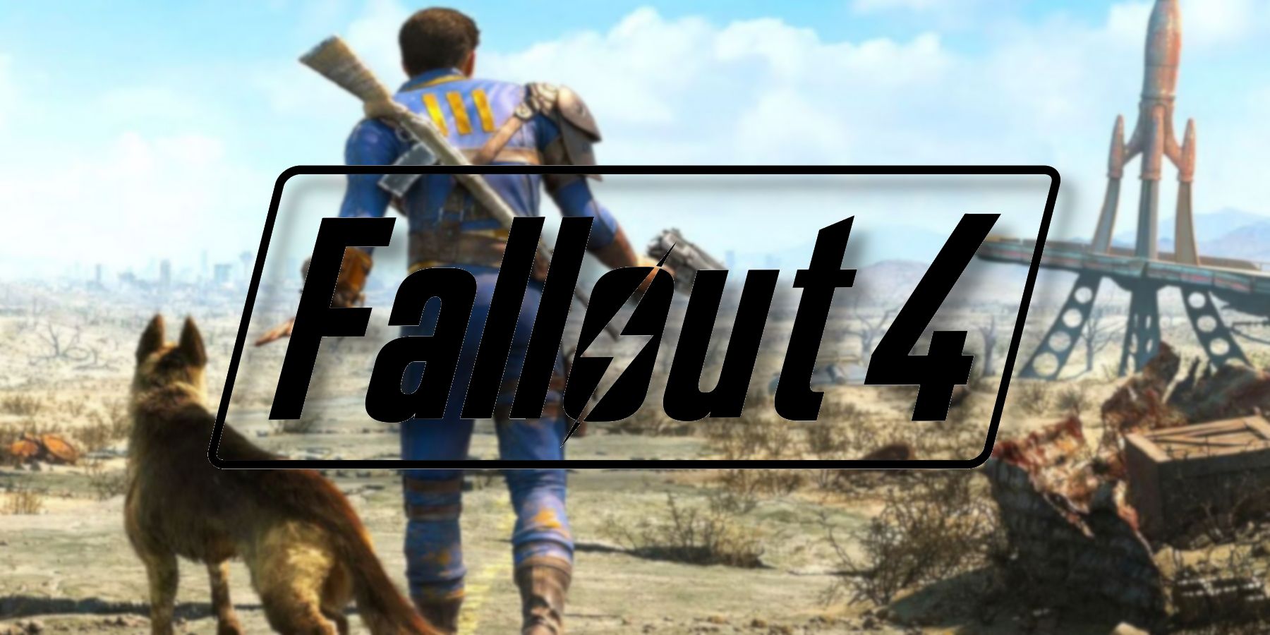 The Fallout 4 logo with the Sole Survivor and Dogmeat walking away in the background.