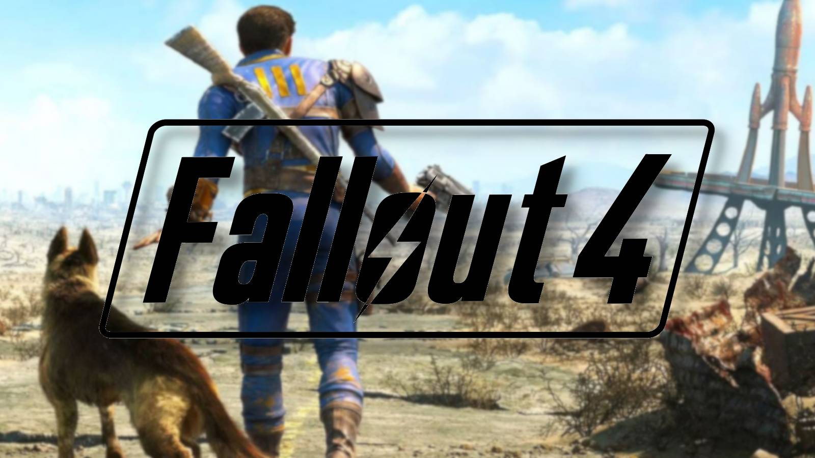 The Fallout 4 logo with the Sole Survivor and Dogmeat walking away in the background.