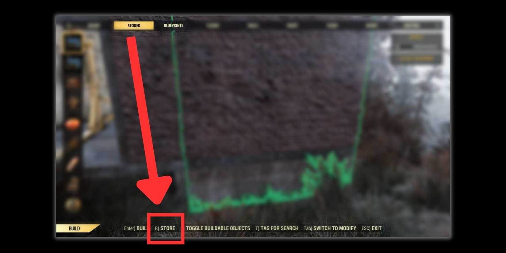 image showing how to break up a camp blueprint in fallout 76. 