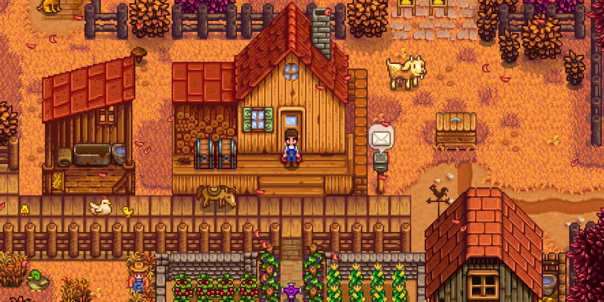 A player in front of their house in Stardew Valley