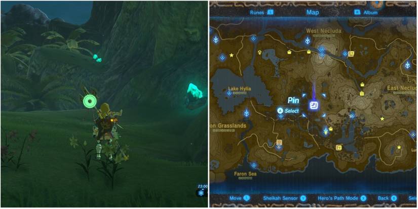 split screenshot of link with luminous stones/location on the map