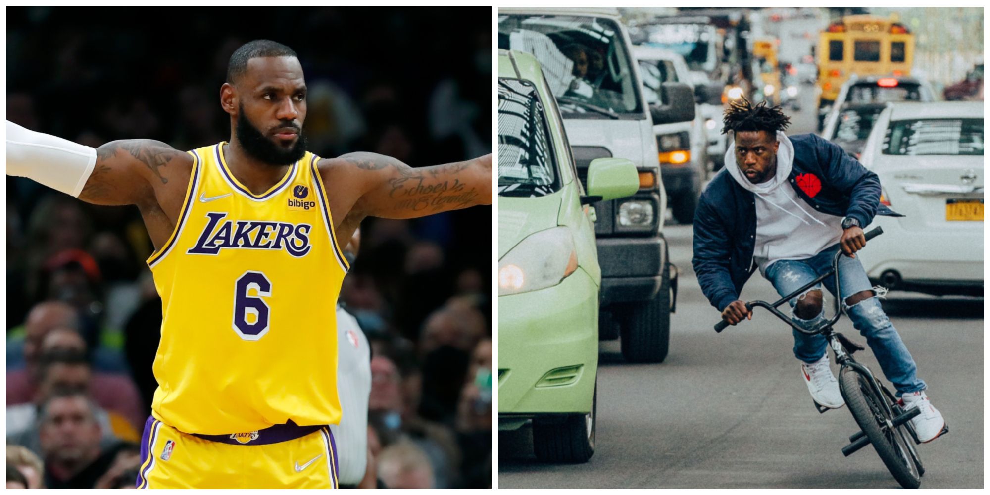 LeBron James of the LA Lakers NBA team alongside professional BMX athlete Nigel Sylvester