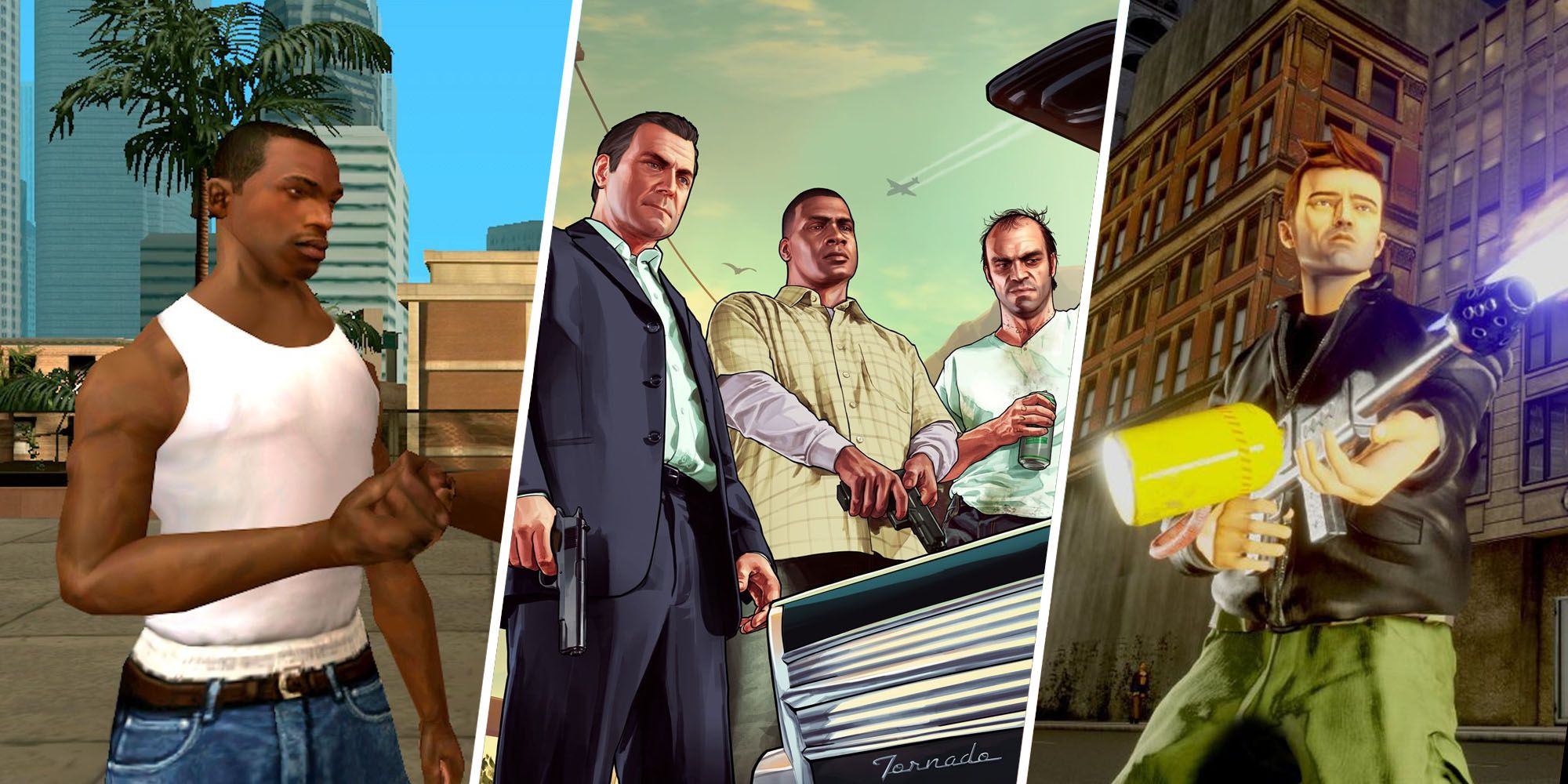 Carl Johnson, Michael De Santa, Franklin Clinton, Trevor Philips, and Claude