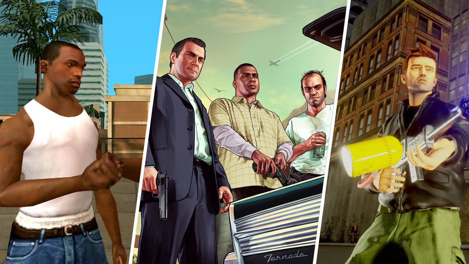 Carl Johnson, Michael De Santa, Franklin Clinton, Trevor Philips, and Claude