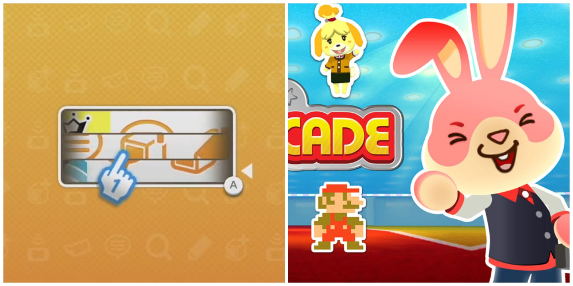 Left: Wii U eShop minigame. Right: The pink rabbit from Nintendo Badge Arcade. Image source: Jacob R on YouTube