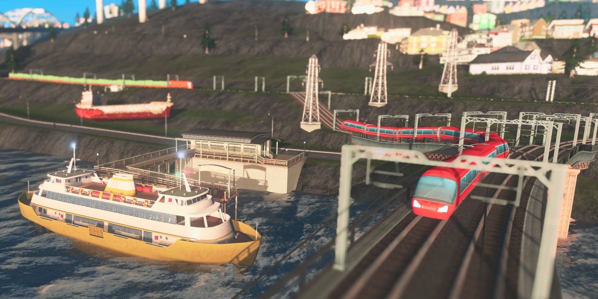 Ferry in Cities Skylines on the water with a train going past 