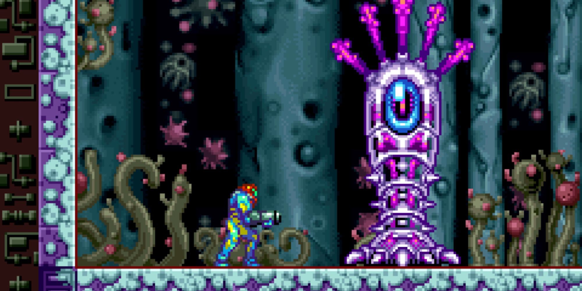 Fighting a boss in Metroid Fusion