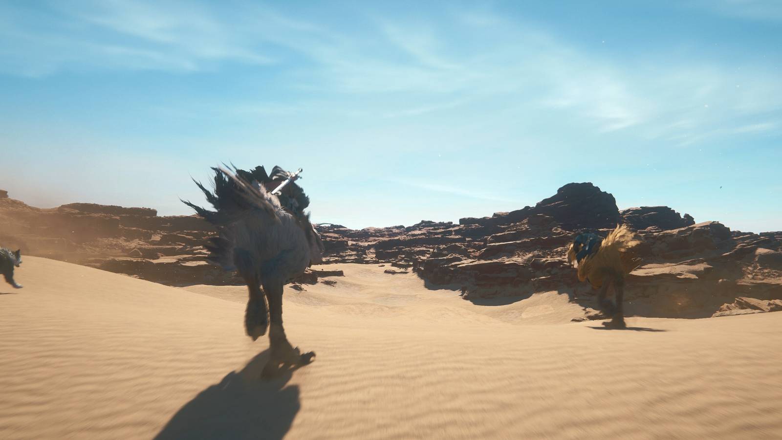 Screenshot from Final Fantasy 16 of chocobos in the desert