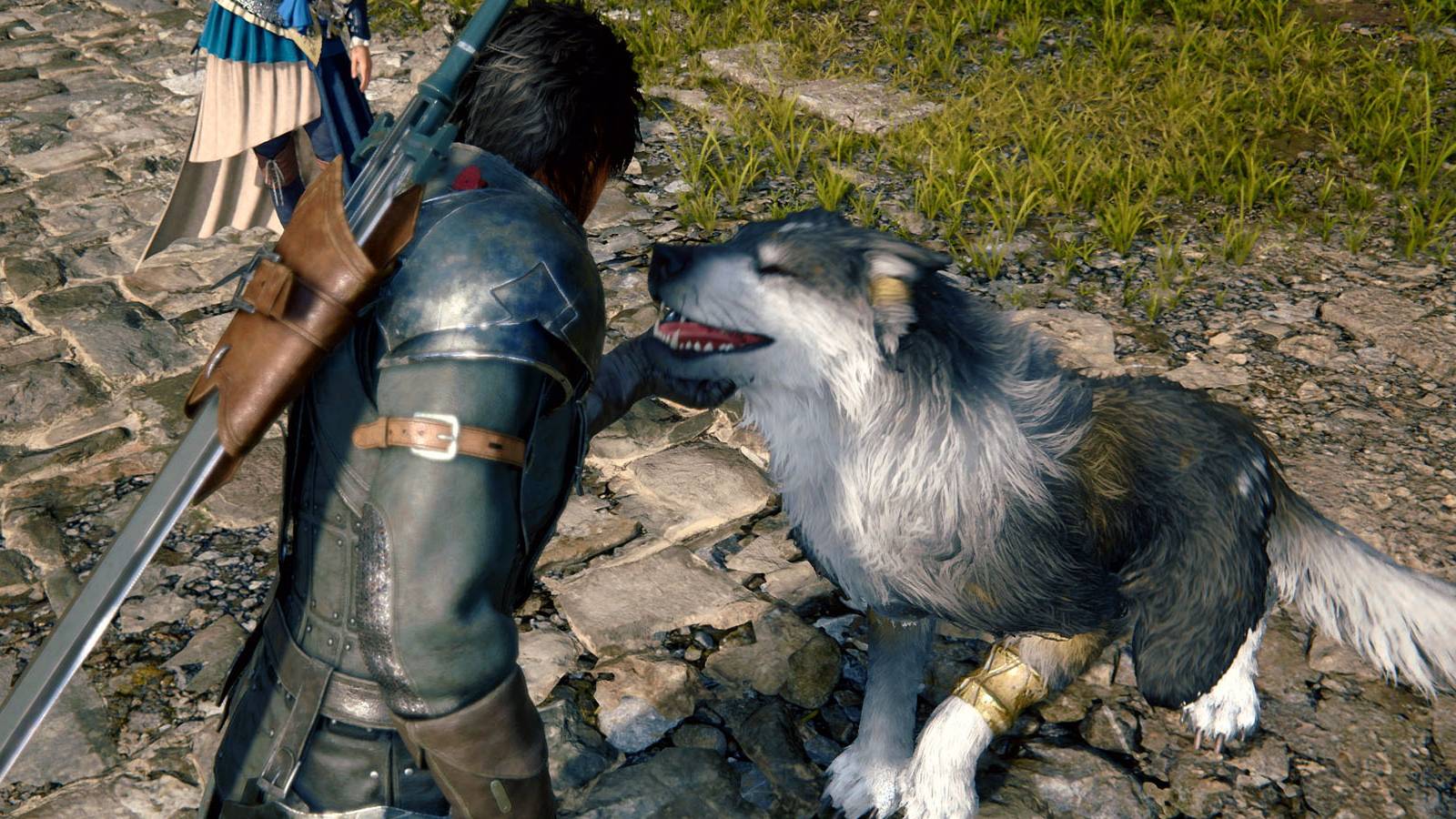A screenshot from Final Fantasy 16, featuring Clive petting a dog.