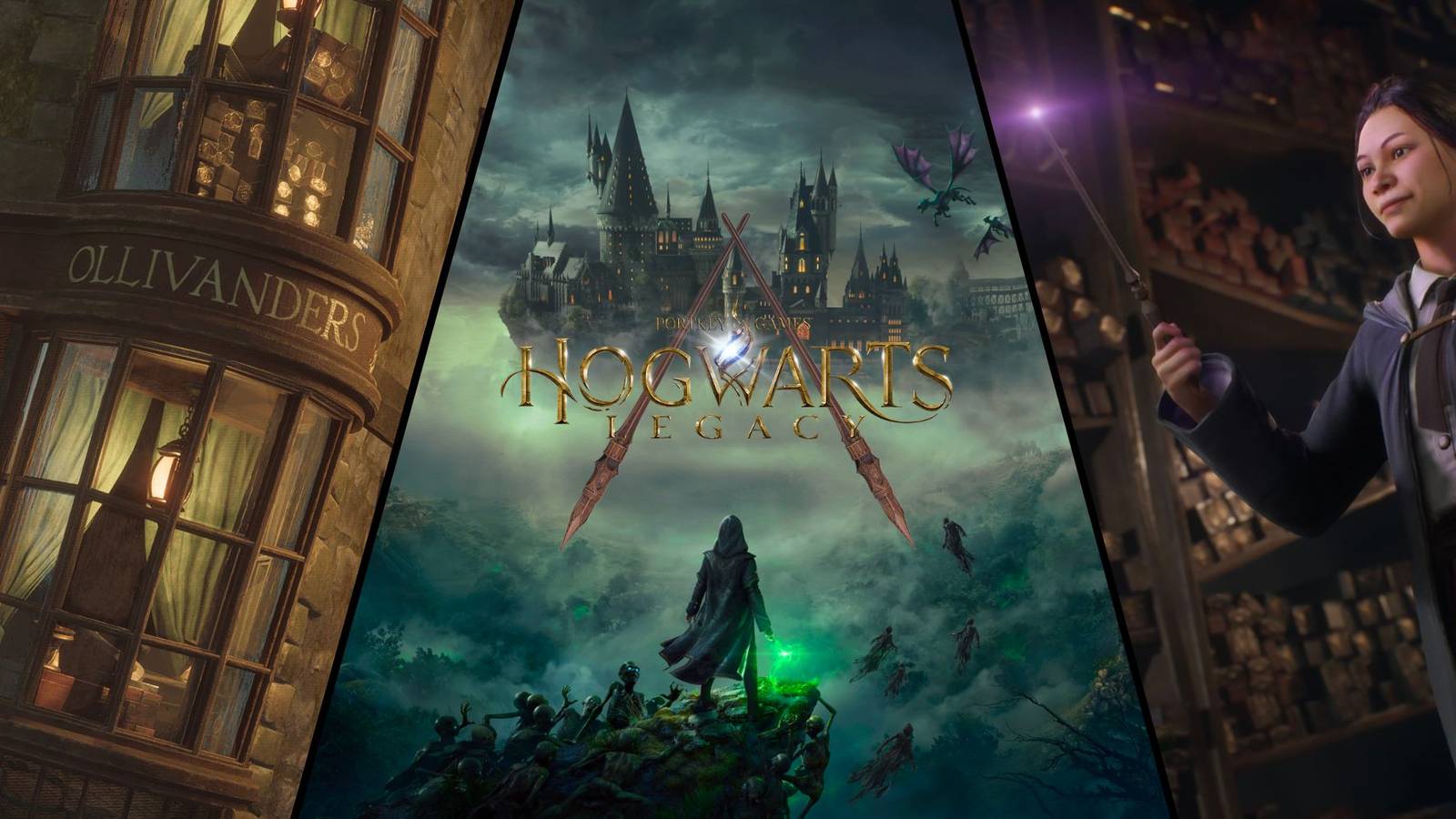 Ollivanders, Hogwarts Logo, Hogwarts Student in a Split Image Collage