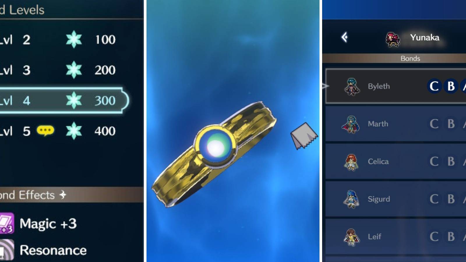 A grid of images showing Bond Levels in Fire Emblem Engage