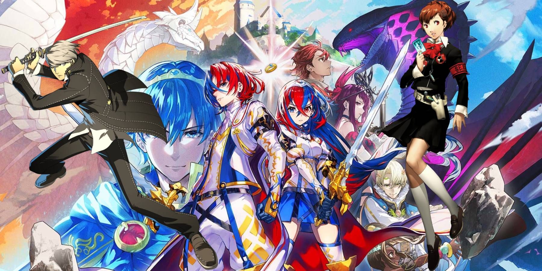 Fire Emblem Engage art with the protagonist of Persona 4 and Persona 3 Portable