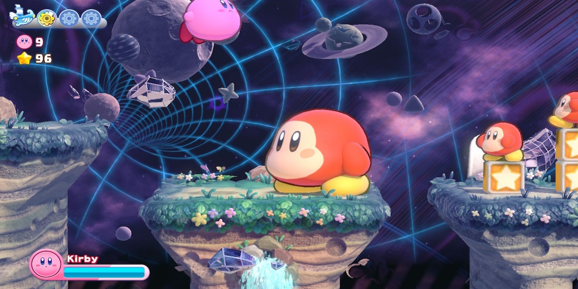 Floating above enemies in Kirby's Return to Dream Land Deluxe