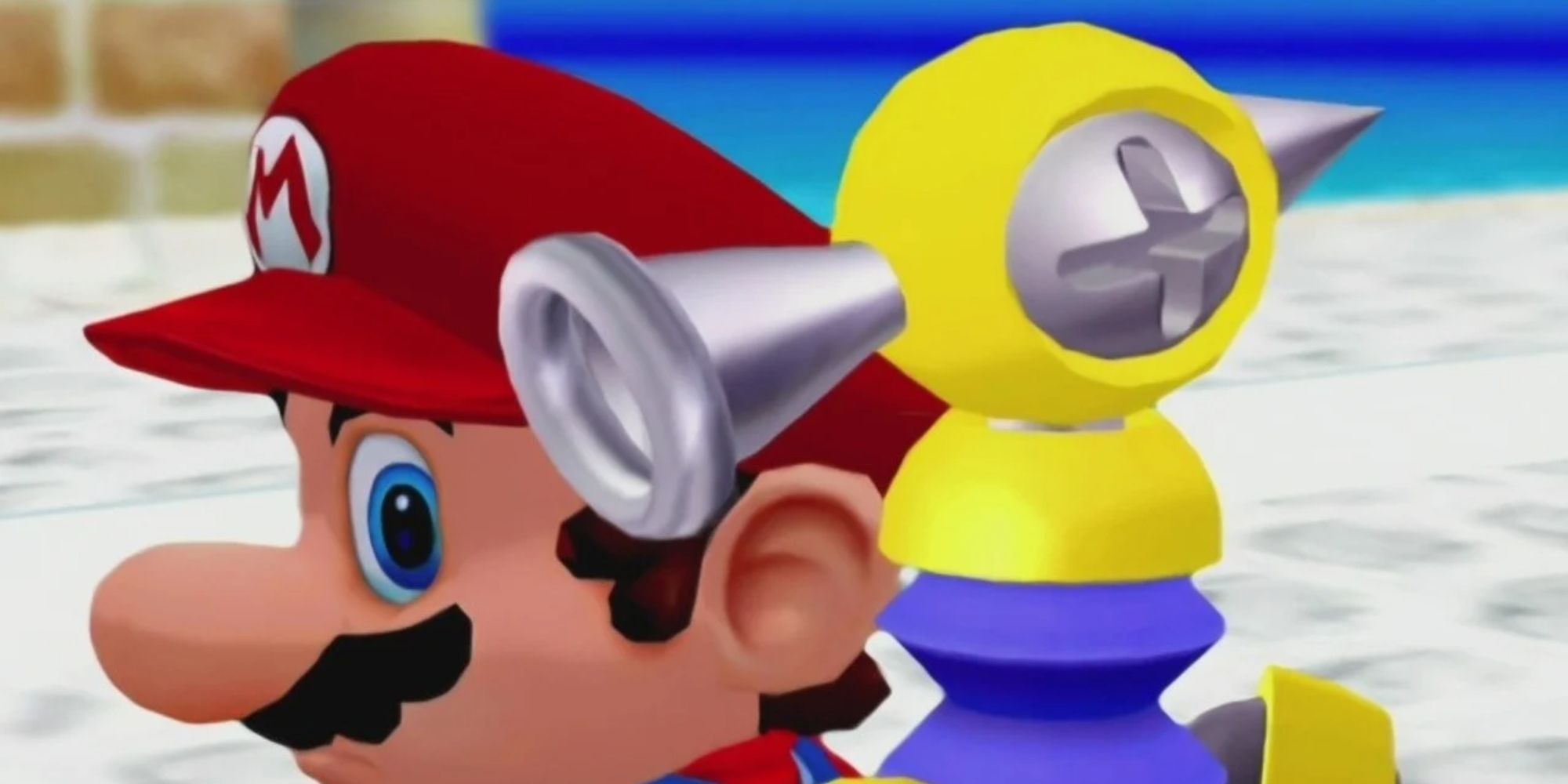 Mario looking at F.L.U.D.D. behind him