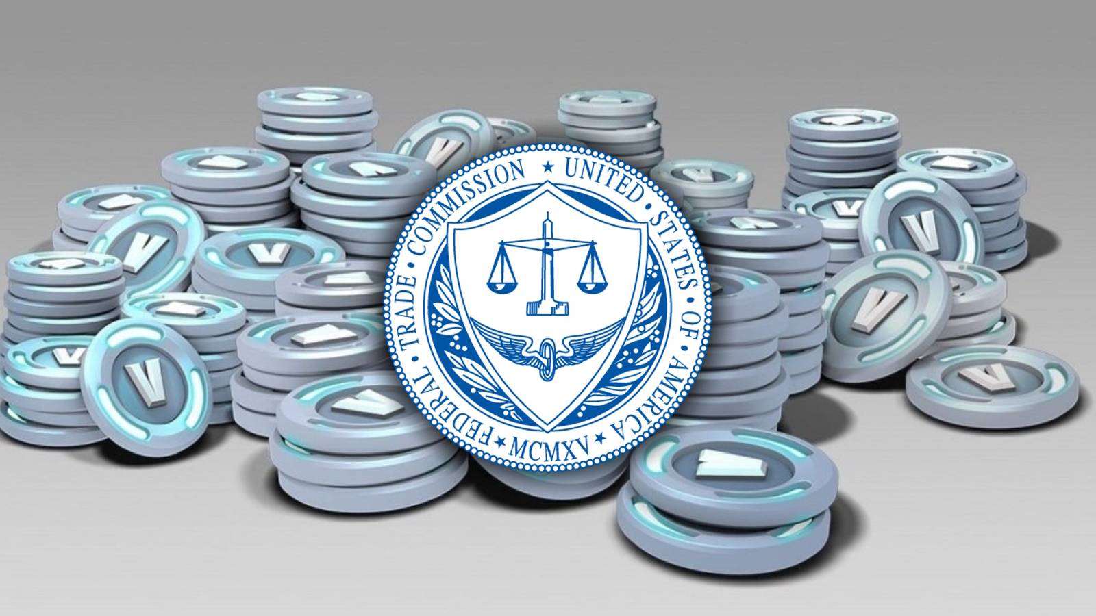 FTC logo on top of a pile of Fortnite V-Bucks