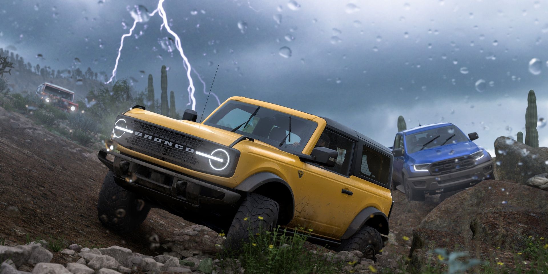A Ford Bronco and a few other cars driving in a lightning storm in Forza Horizon 5