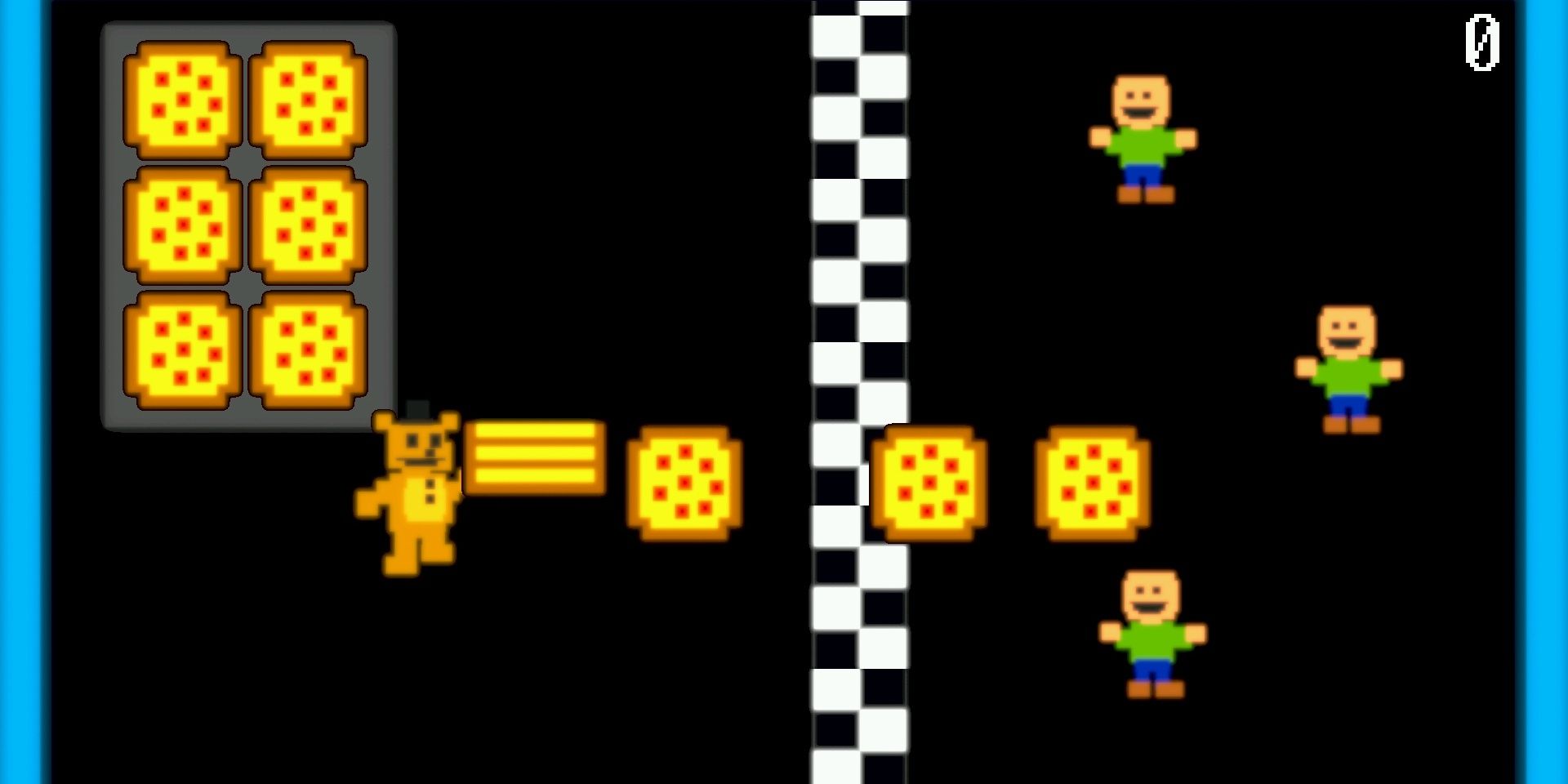 Freddy Fazbear delivering pizzas over a finish line to children in Freddy Fazbear's Pizzeria Simulator