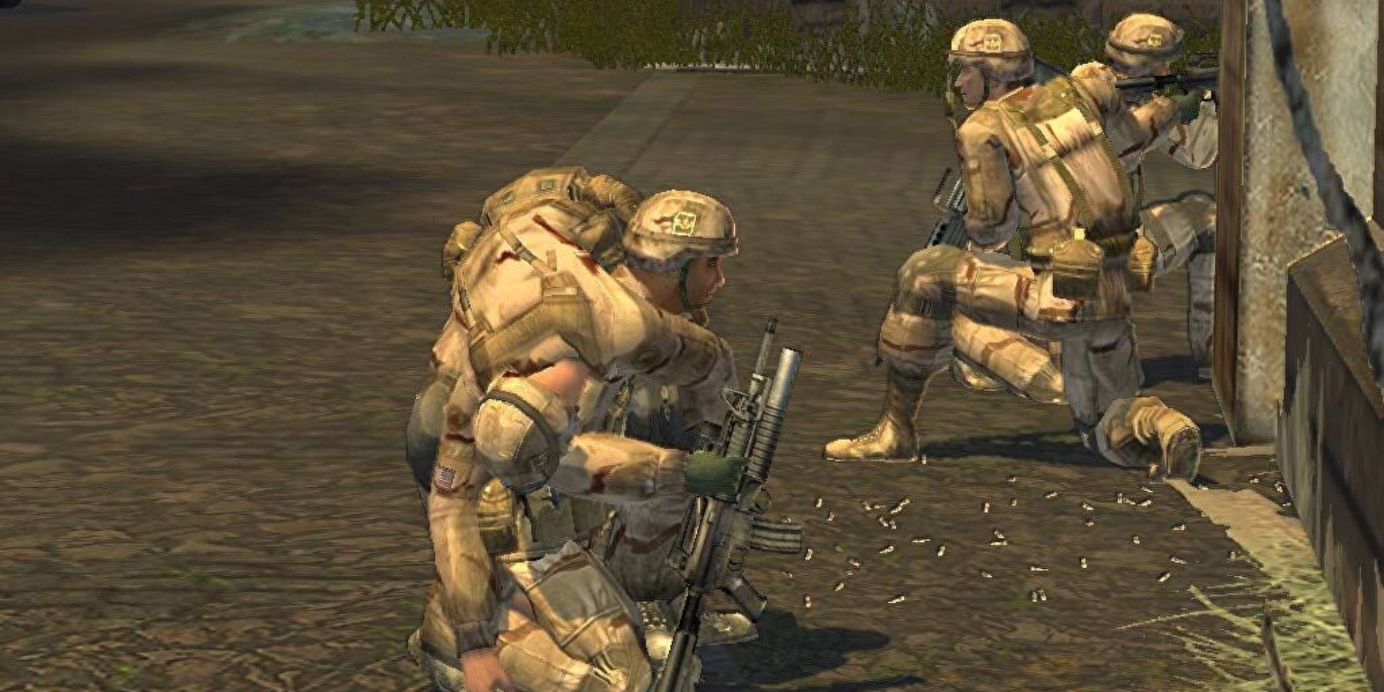 A soldier holding another on his back while two other soldiers hide behind cover in Full Spectrum Warrior: Ten Hammers