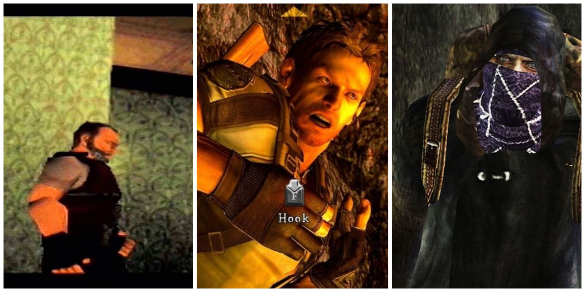 Left: Barry, Resident Evil. Center: Chris Redfield: Resident Evil 5. Right: The Merchant: Resident Evil 4.