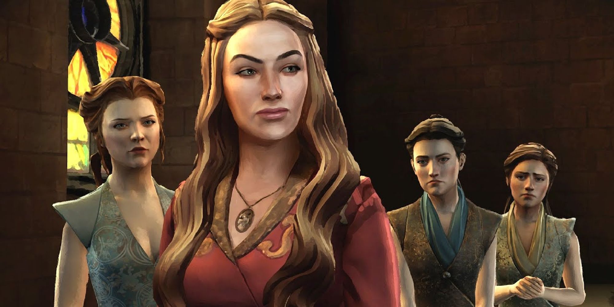 Cersei, Margaery and two original characters all in a palace room together.