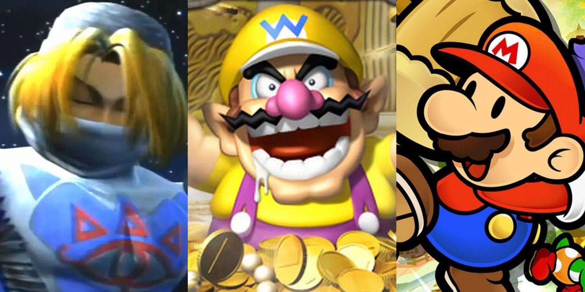 Sheik in the Melee intro; Wario in a money pile; Paper Mario with a hammer
