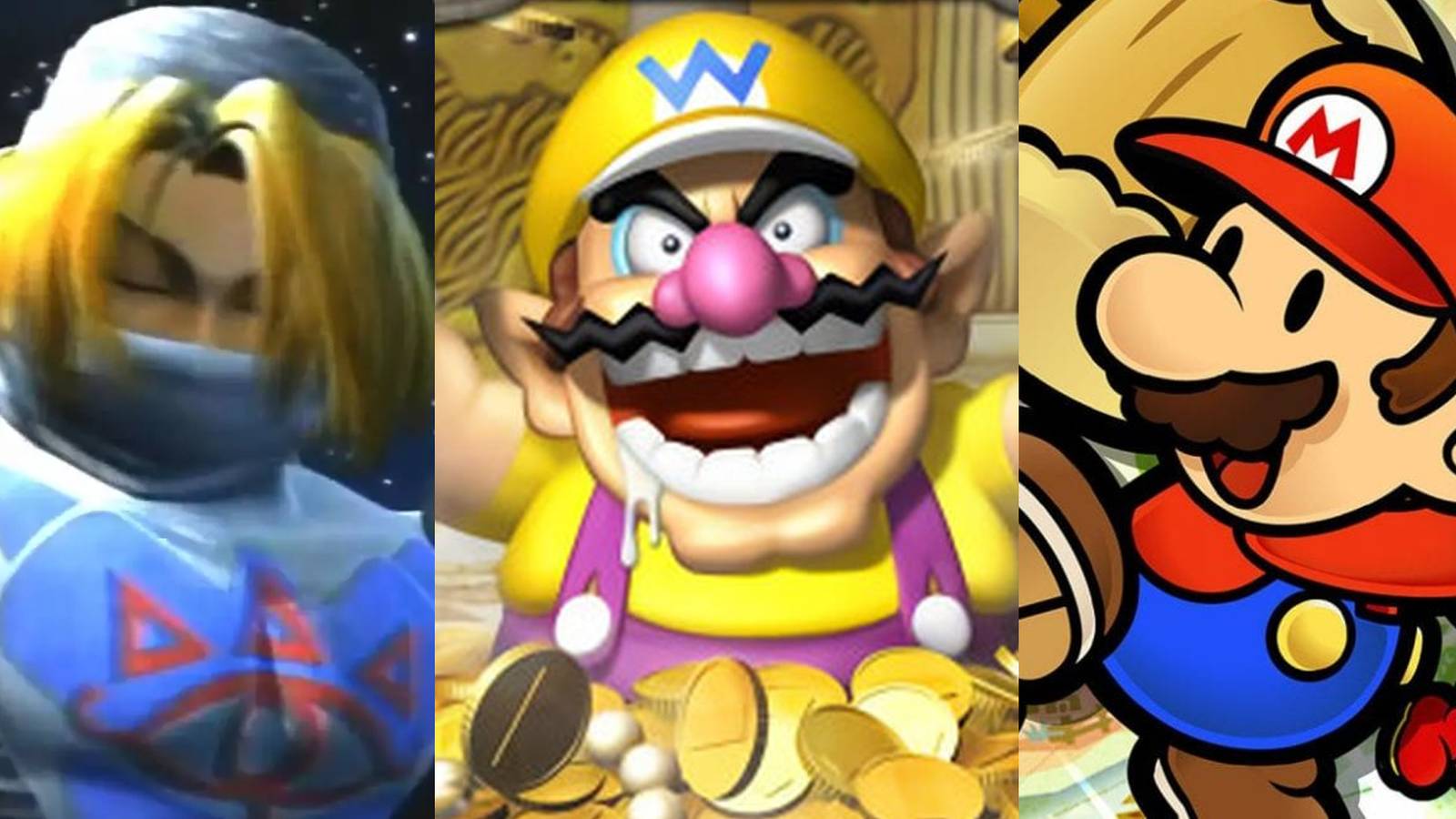 Sheik in the Melee intro; Wario in a money pile; Paper Mario with a hammer