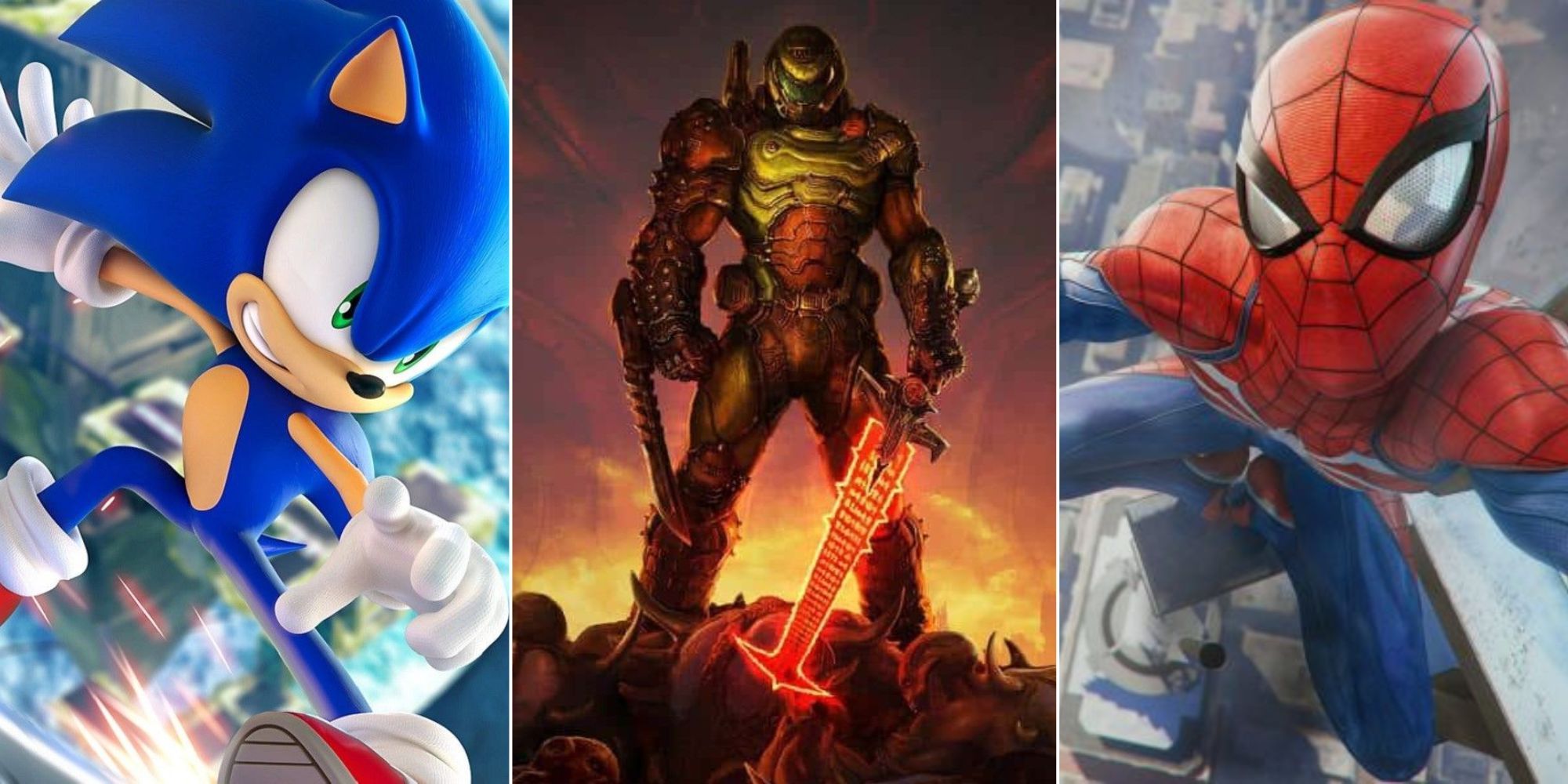 split image of sonic the hedgehog, the doomslayer and spiderman