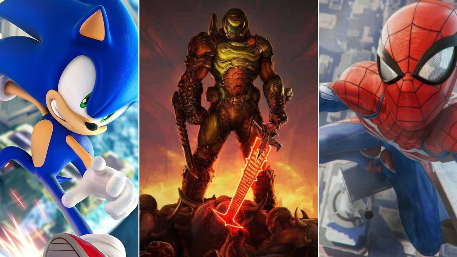split image of sonic the hedgehog, the doomslayer and spiderman