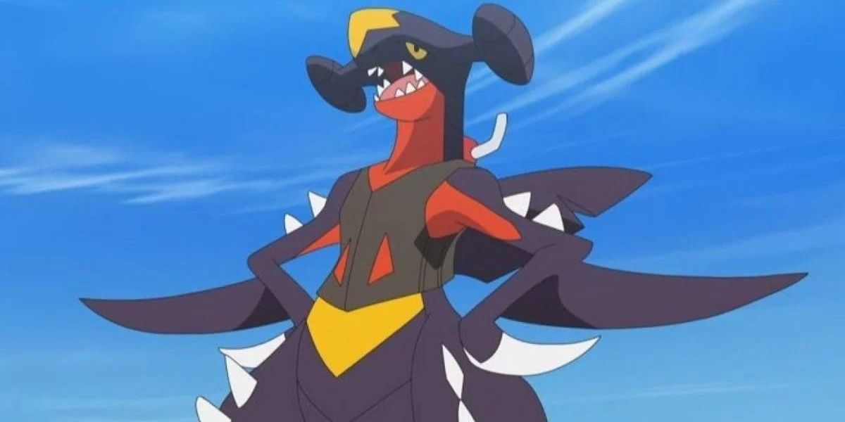 Garchomp stands proudly with talons on hips