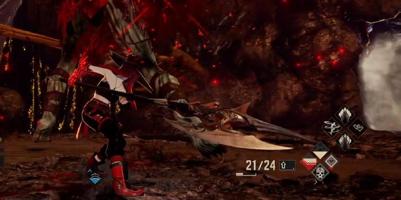 Wielding the Garnet Splitter in Code Vein.