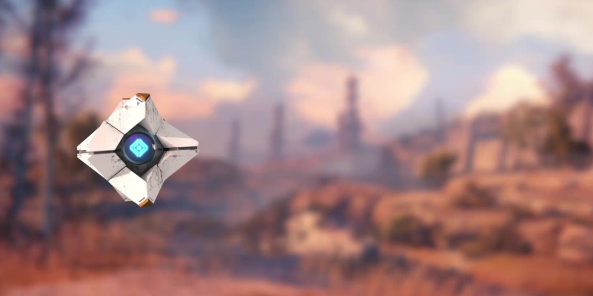 Ghost from Destiny is hovering in the air. The background is blurred but shows a rocky landscape and trees