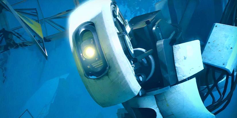 GLaDOS from Portal series. She has a white exoskeleton and a yellow light for an eye