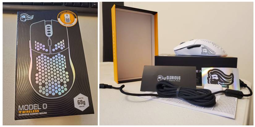 This shows the Glorious Model O Wireless, its box, and contents.