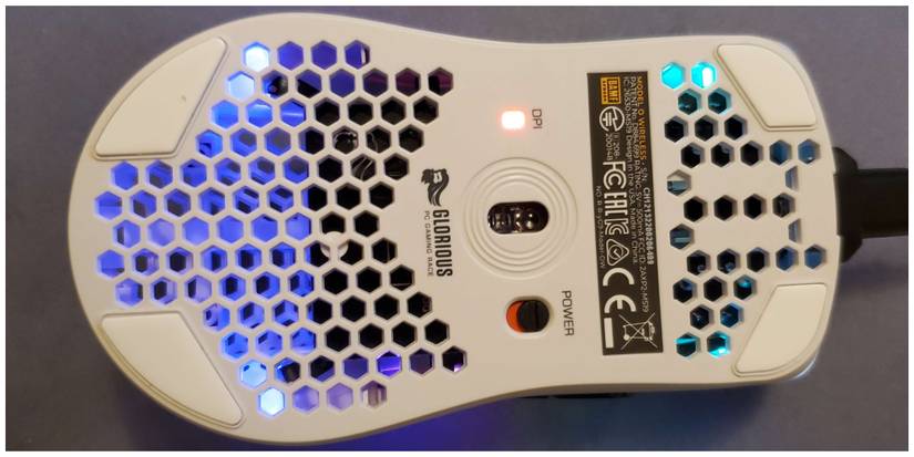 An up close image of the Glorious Model O Wireless' underside.