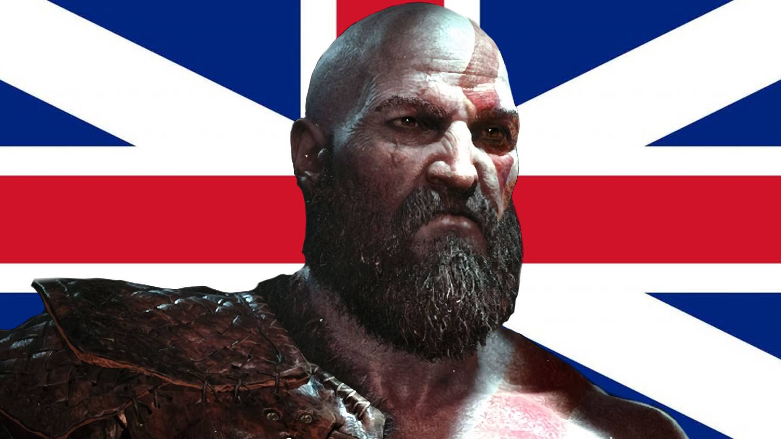 A picture of God of War's Kratos standing in front of the British flag.