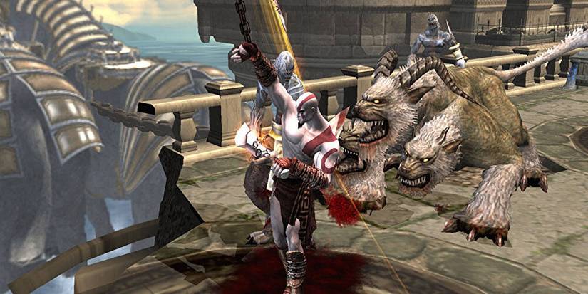 Kratos swinging his Blades of Chaos at enemies in God of War 2