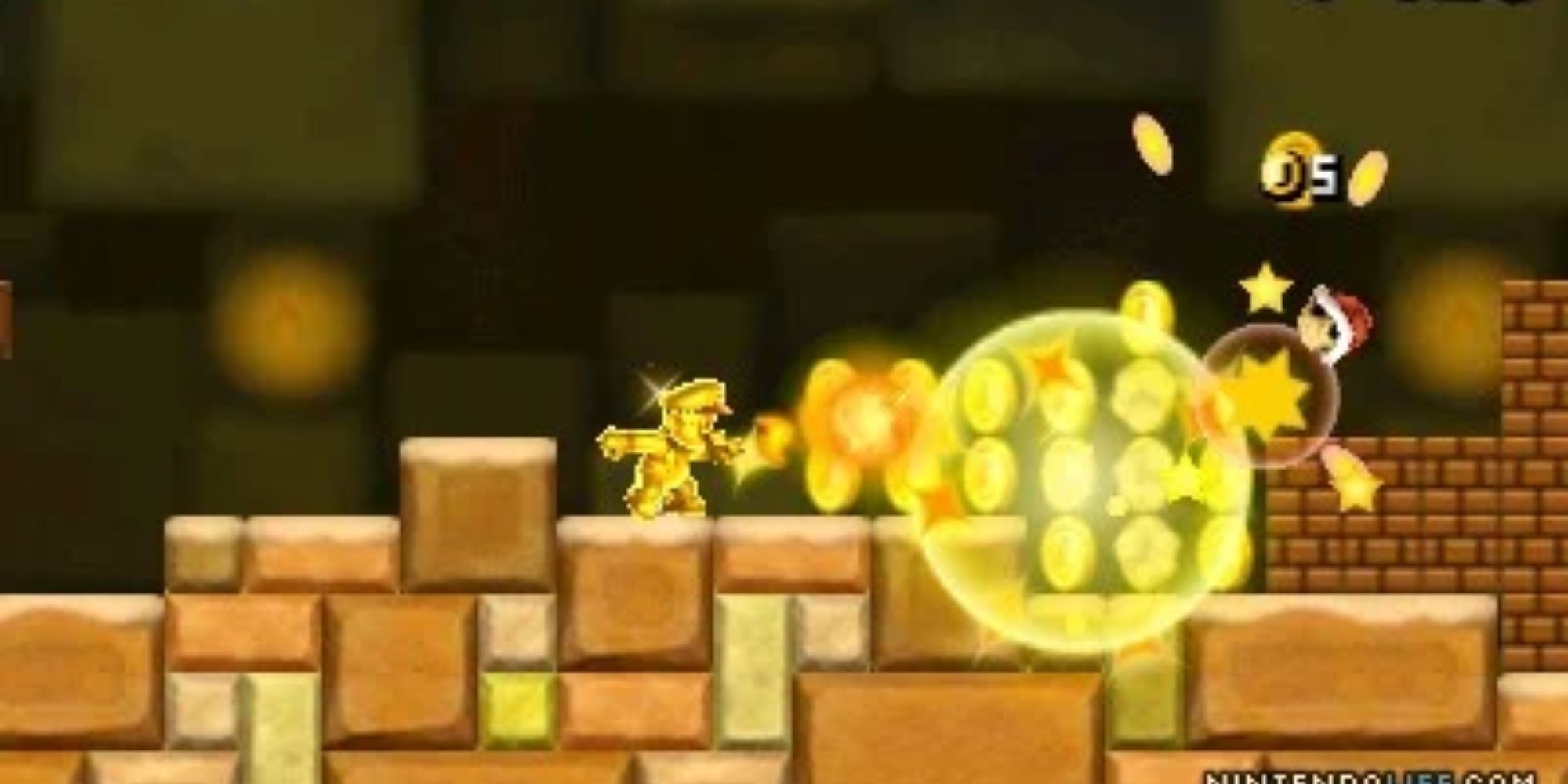 Gold Mario turning blocks and enemies to coins