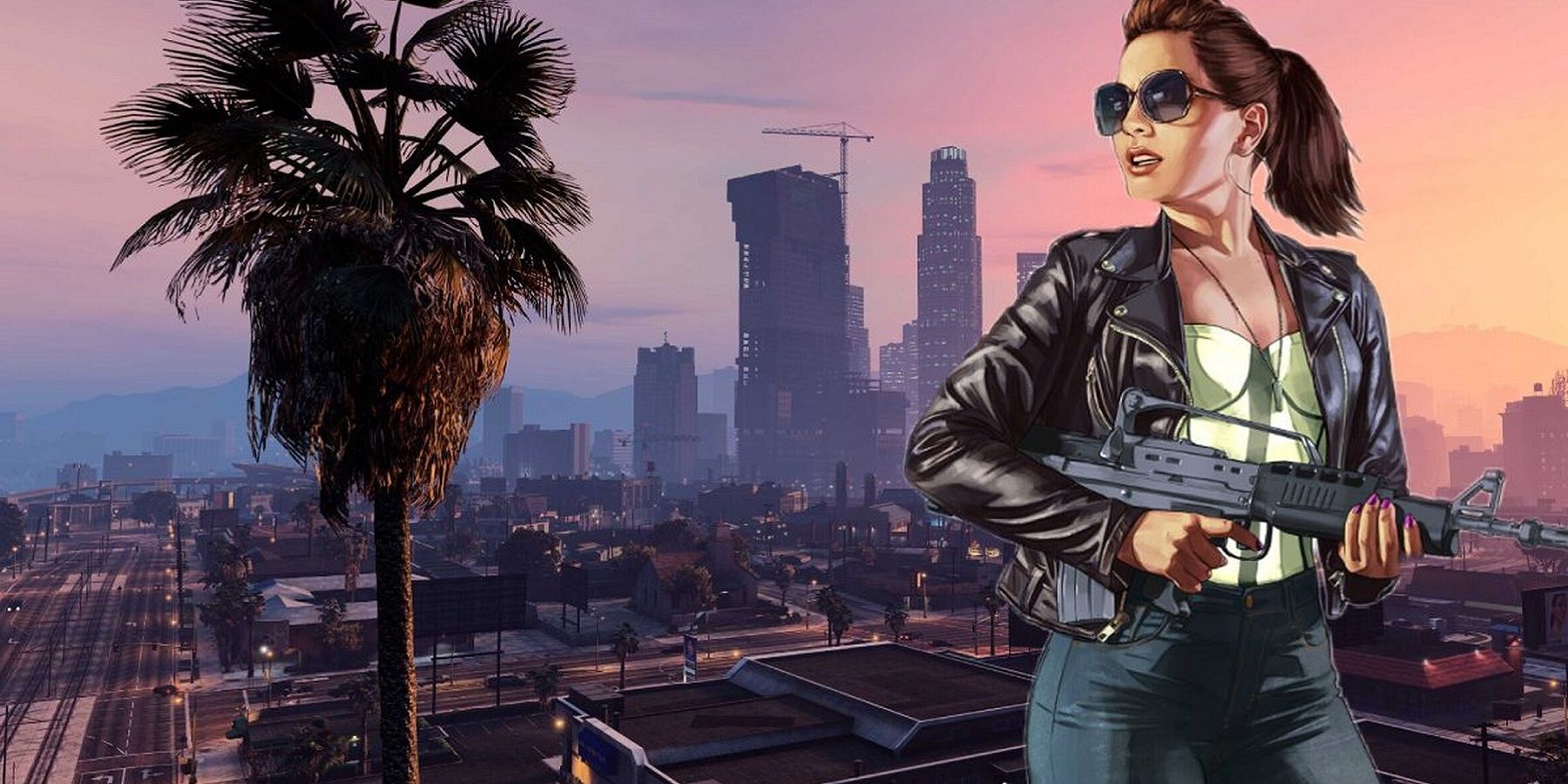 Grand Theft Auto concept image showing a woman holding a rifle with GTA5's Los Santos as the backdrop.