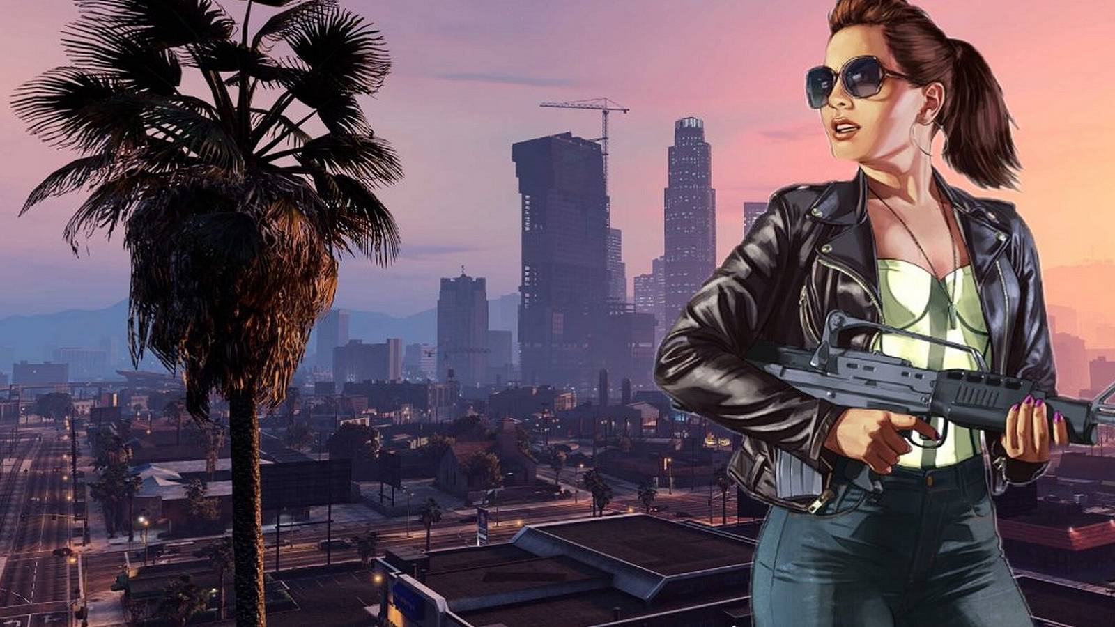 Grand Theft Auto concept image showing a woman holding a rifle with GTA5's Los Santos as the backdrop.