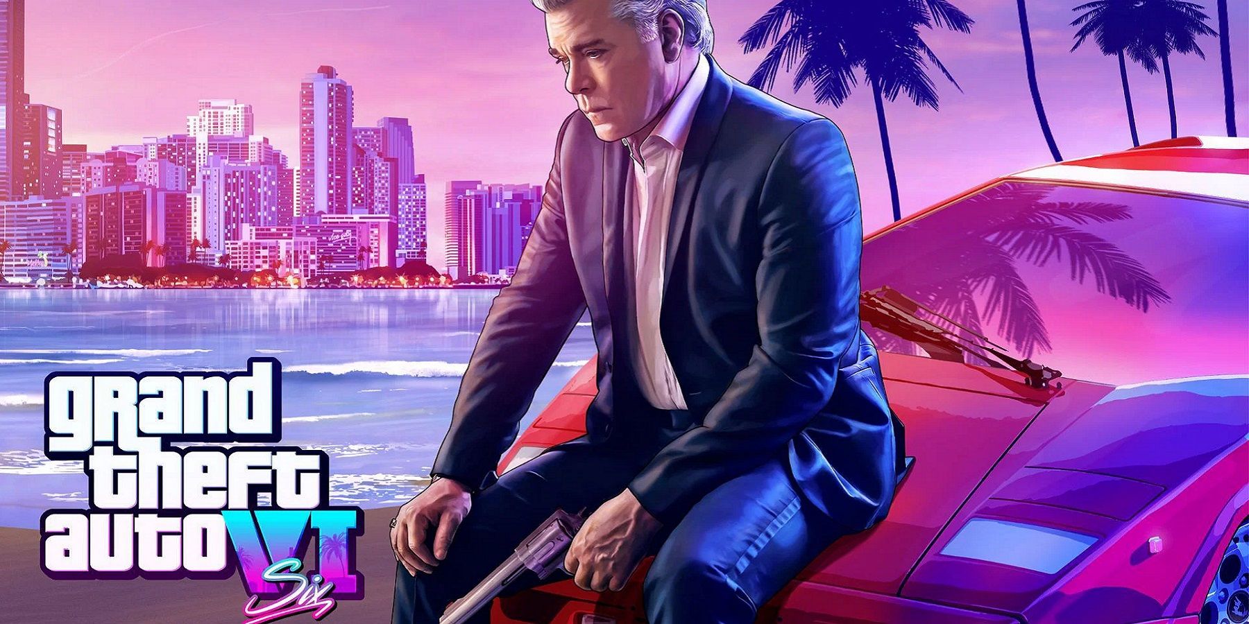 Concept image from GTA 6 showing a silver-haired Tommy Vercetti sat on the hood of a car.