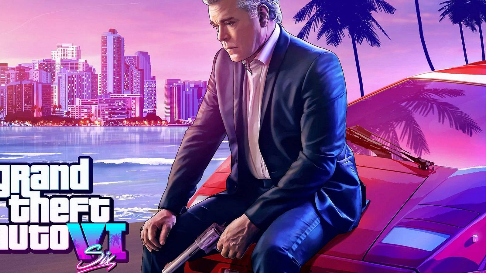 Concept image from GTA 6 showing a silver-haired Tommy Vercetti sat on the hood of a car.