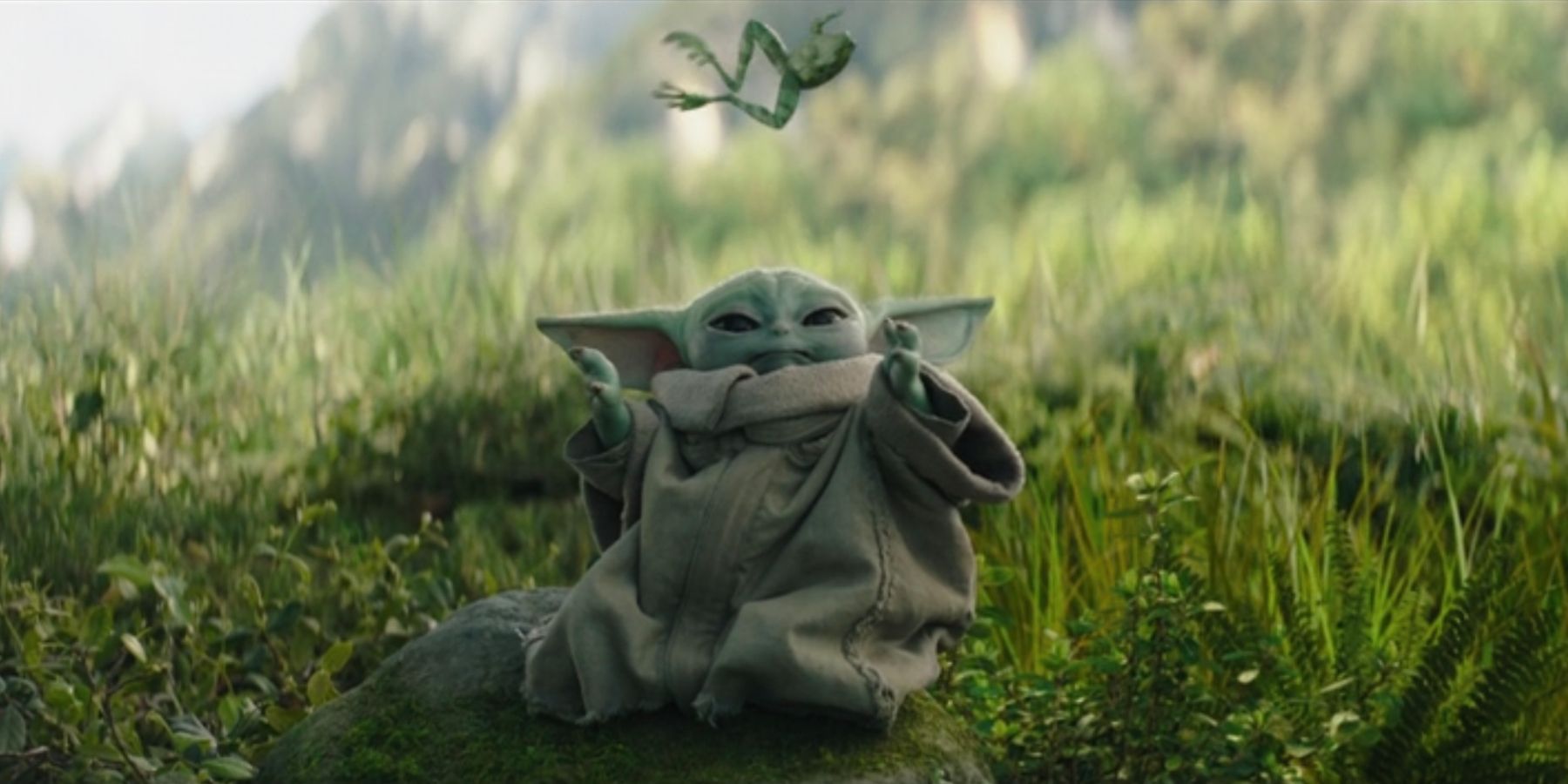The Mandalorian Grogu Baby Yoda using force in grass field in The Book of Boba Fett
