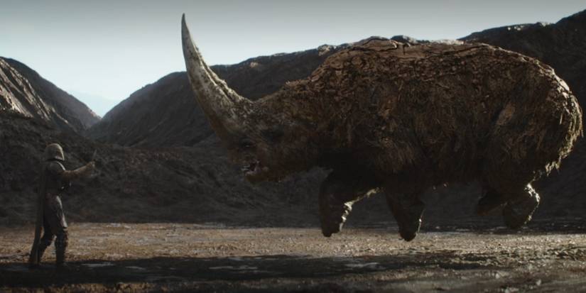 Grogu uses force to stop Mudhorn beast in The Mandalorian