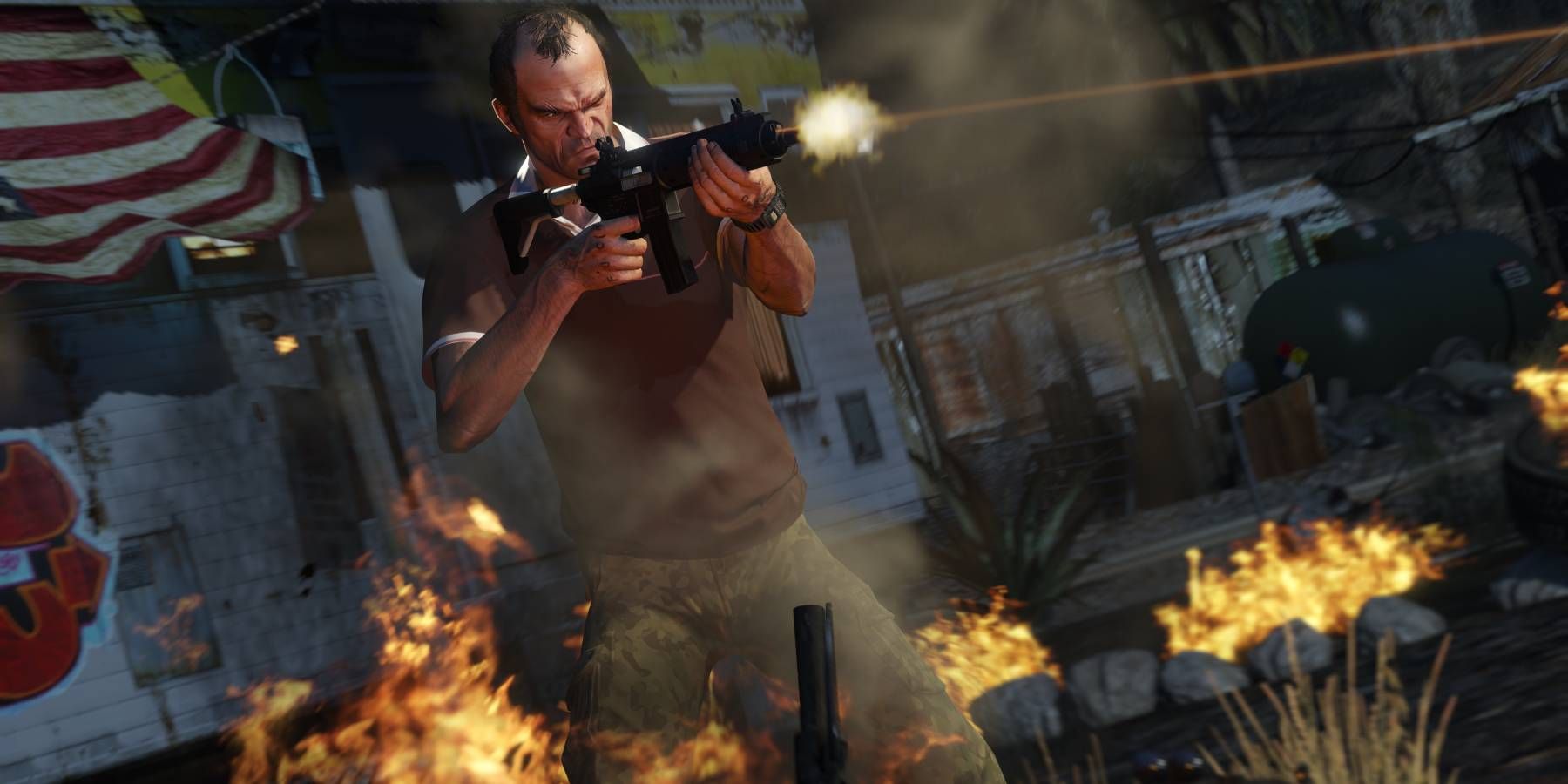 Trevor from Grand Theft Auto 5 firing a rifle while surrounded by fire