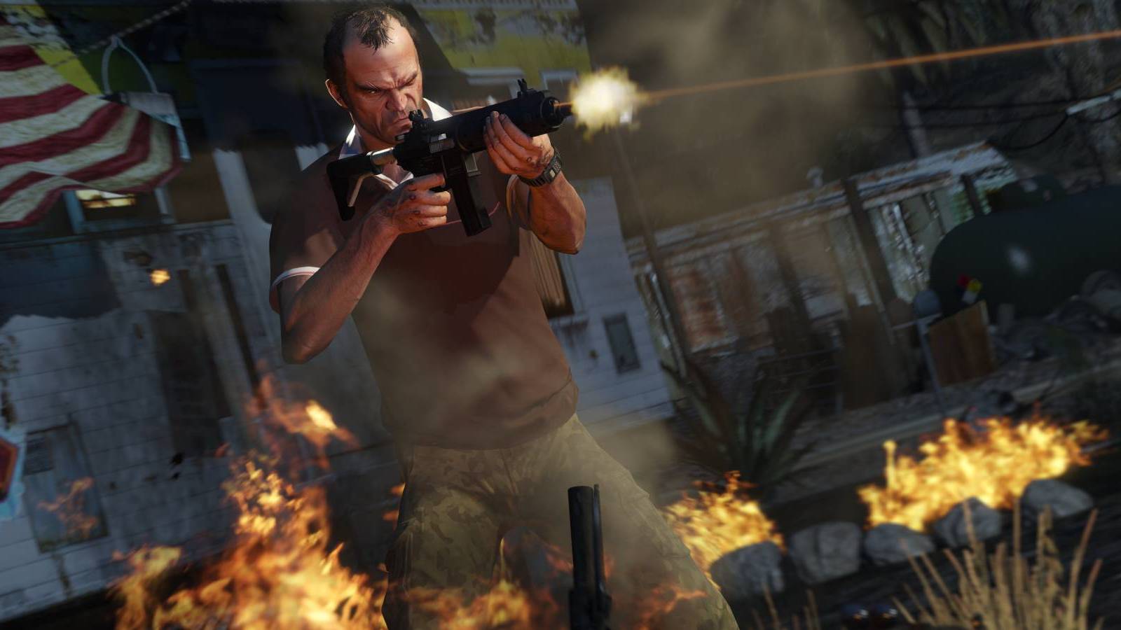 Trevor from Grand Theft Auto 5 firing a rifle while surrounded by fire