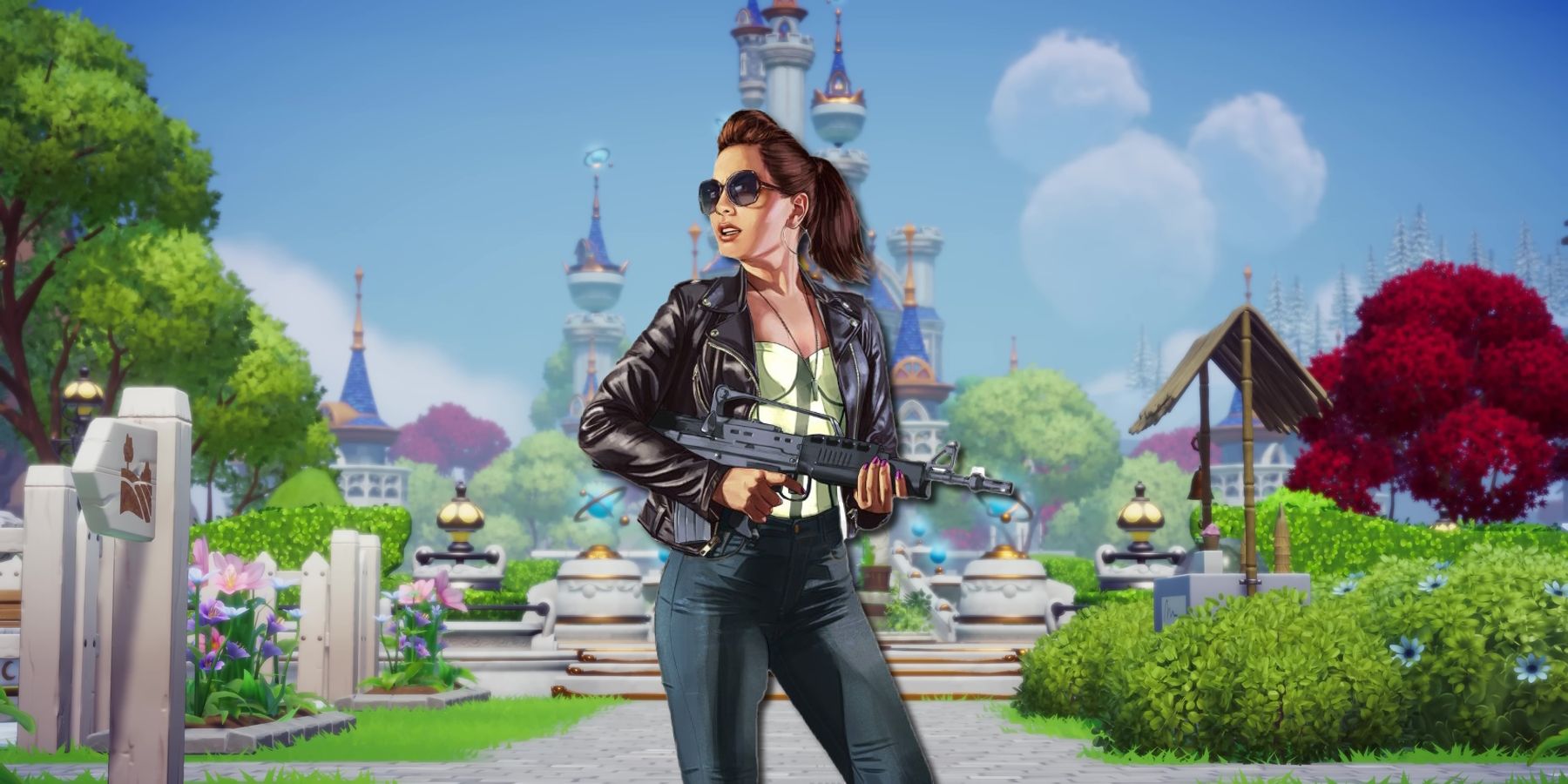 A picture of Lucia from Grand Theft Auto 6 over a screenshot from Disney's Dreamlight Valley