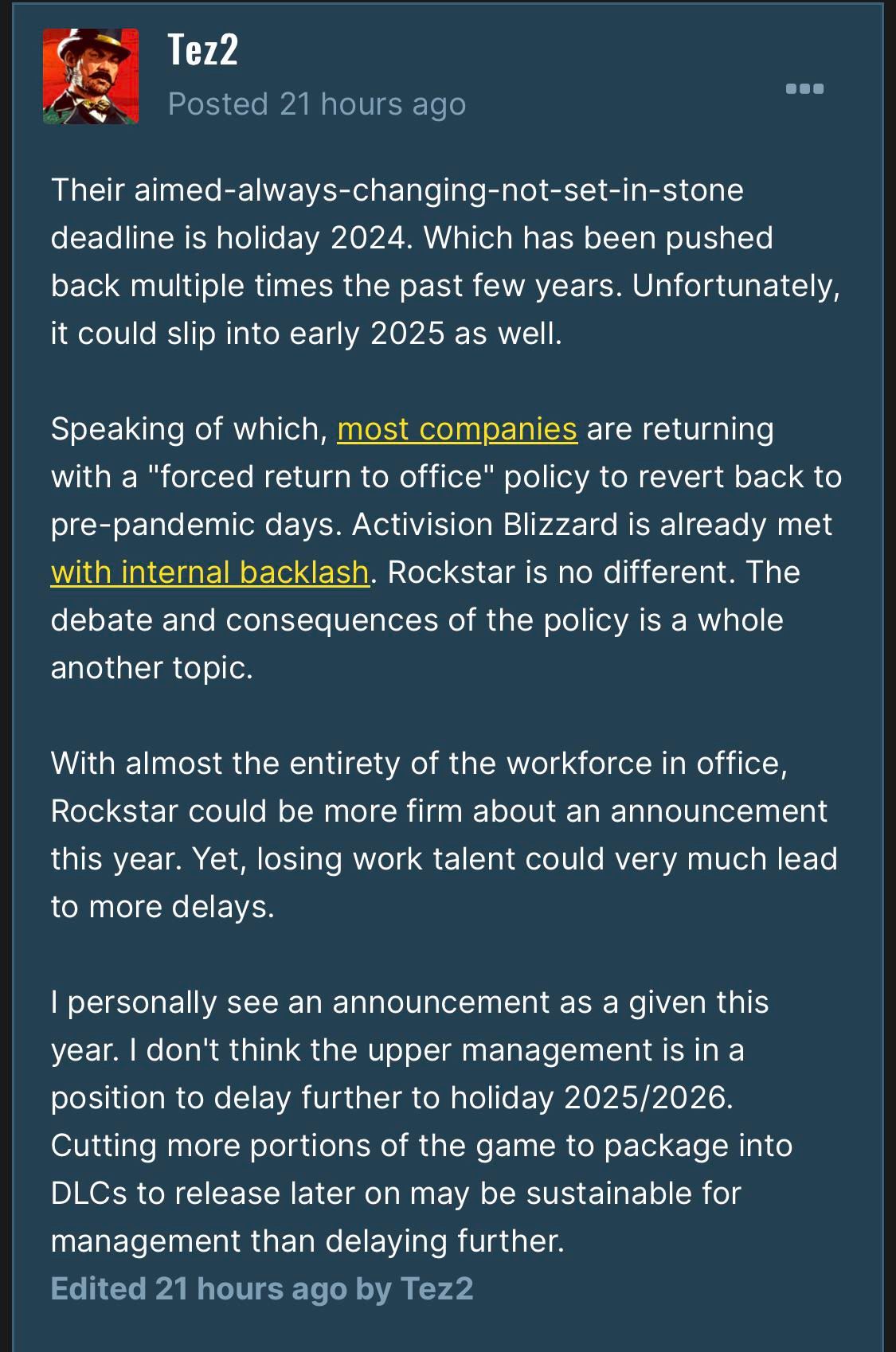 Screenshot from a forum post in which known GTA leaker Tez2 talks about GTA 6.