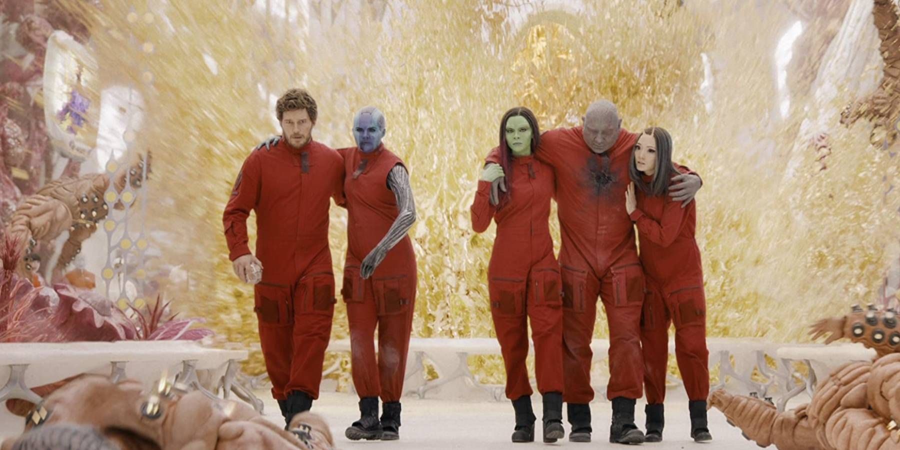  Guardians of the Galaxy 3 Star-Lord, Nebula, Gamora, Drax and Mantis wearing orange jumpsuits