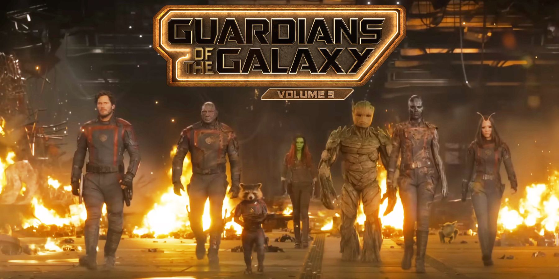 The Guardians of the Galaxy team with the Vol.3 logo