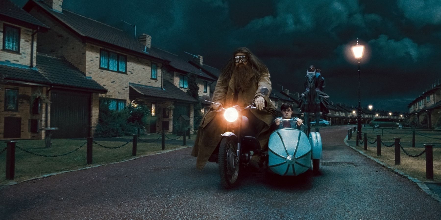 Hagrid-and-Harry-on-flying-motorcycle-and-Kingsley-and-Hermione-on-a-Thestral